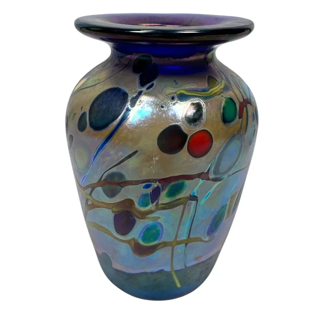 Rick Hunter Art Glass Vase Carnival Glass Cobalt Blue Gold Spots Swirls Colorful